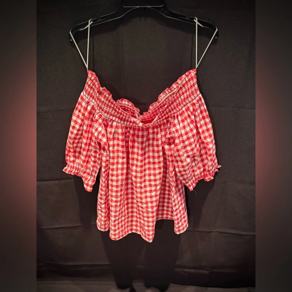 LOFT Red and White Gingham Off-Shoulder Blouse